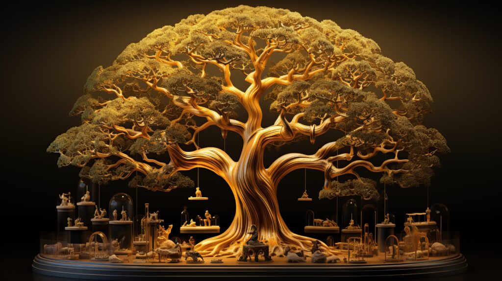 Bonsai tree in pot on wooden table